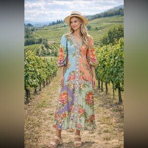 💃🏻RARE 💃🏻 Farm Rio x Anthropologie Long-Sleeve V-Neck Maxi Dress size S.